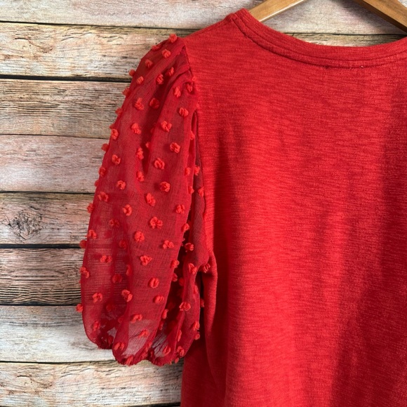 Anthropologie Maeve Red Textured Polka Dot Puff Sleeve Sheer Top Size Small - Picture 8 of 9